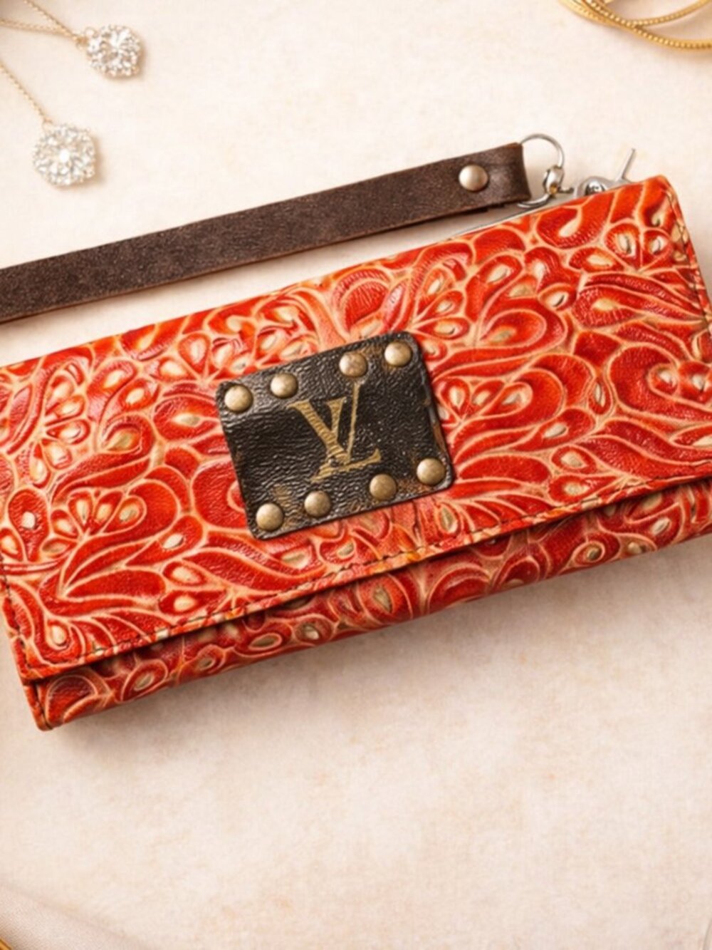 Upcycled Wallet w/ Authentic Louis Vuitton LV Patch Red Tooled‎ Leather